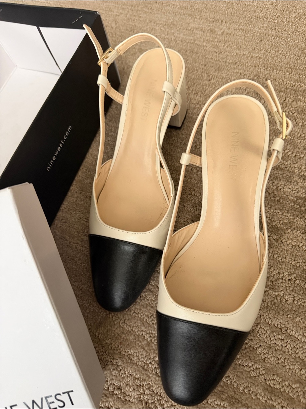 Nine West Cream and Black Pointed Slingback Block Heels - Picture 3 of 7